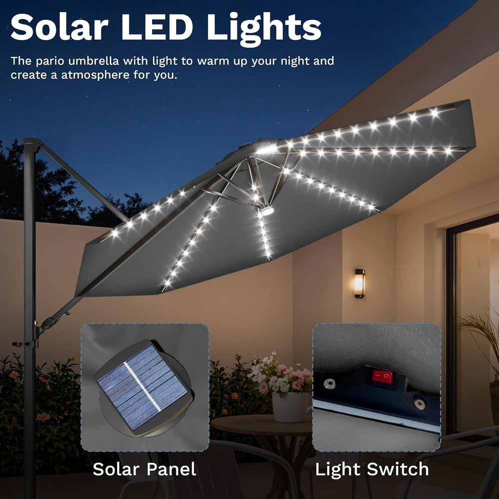 Devoko 10ft Solar LED Patio Umbrella, Round Cantilever Outdoor Umbrella with ...
