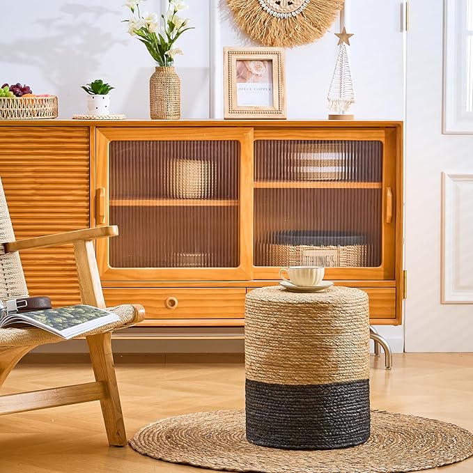 Wimarsbon Natural Seagrass Foot Stool, Hand Weaving Round Ottoman, for Living...