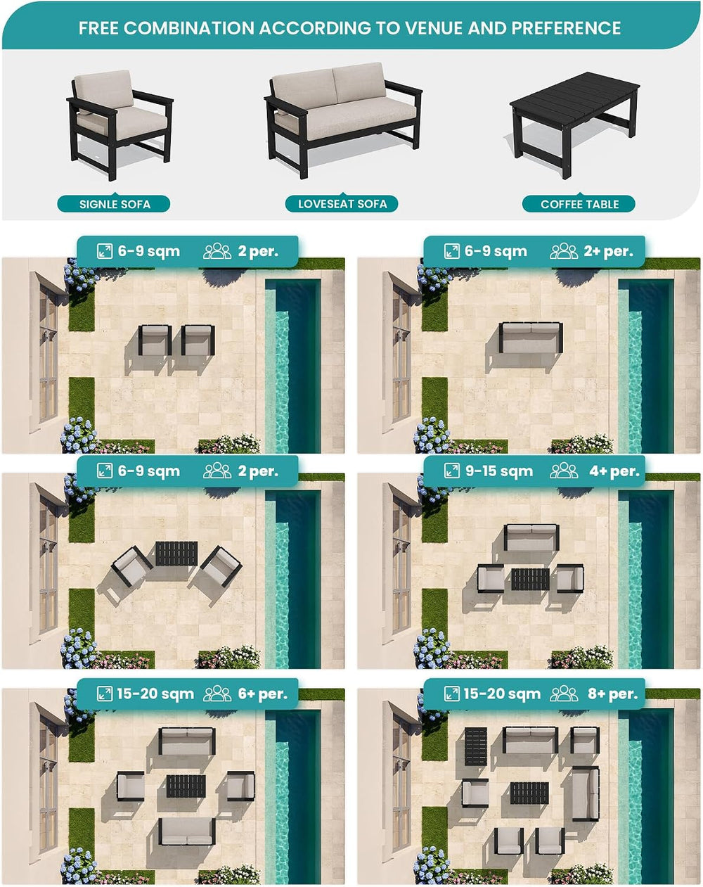 SERWALL 8 Pieces HDPE Outdoor Conversation Sofa Set with Cushion