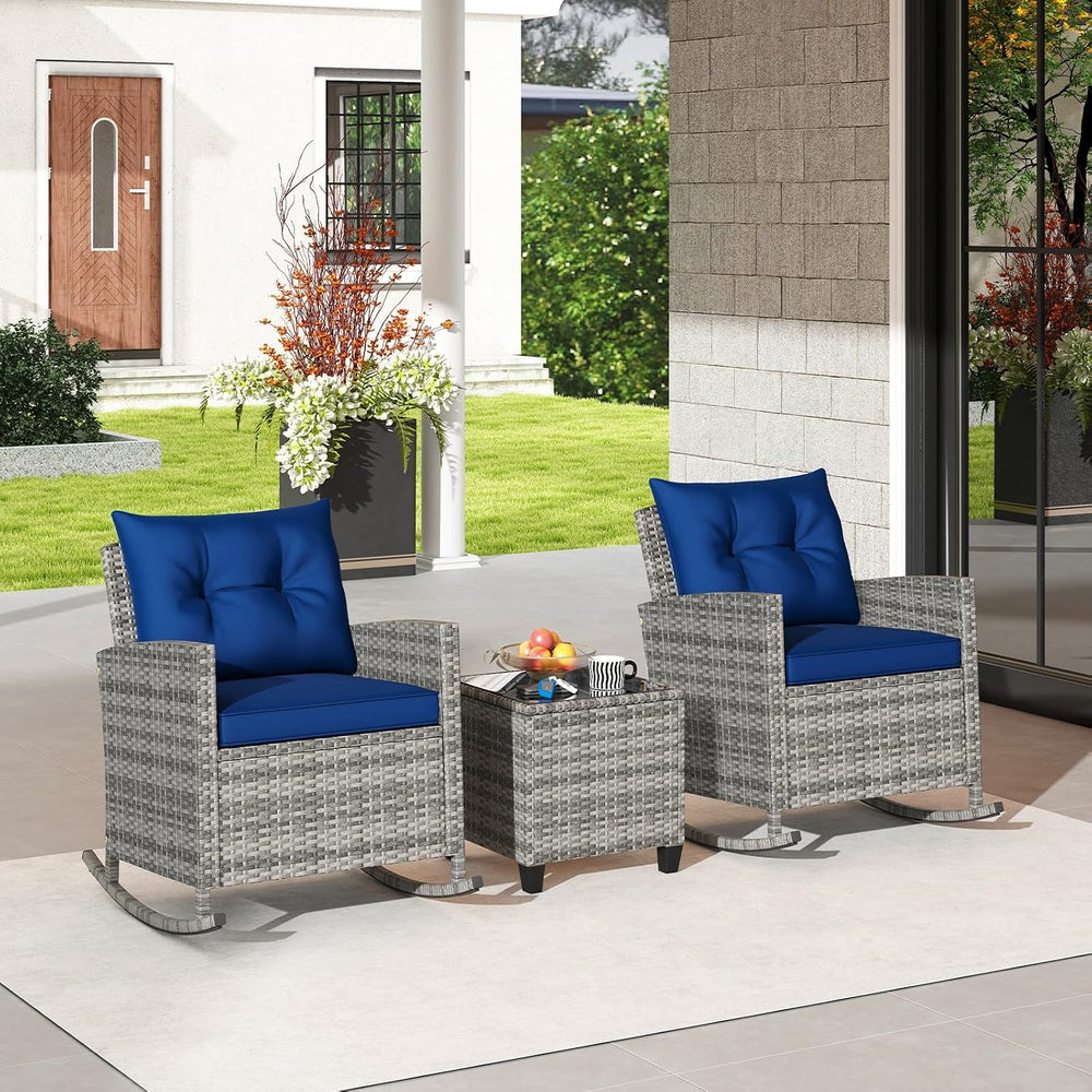 HAPPYGRILL 3 Pieces Patio Rattan Rocking Bistro Set, PE Wicker Rocking Chairs...