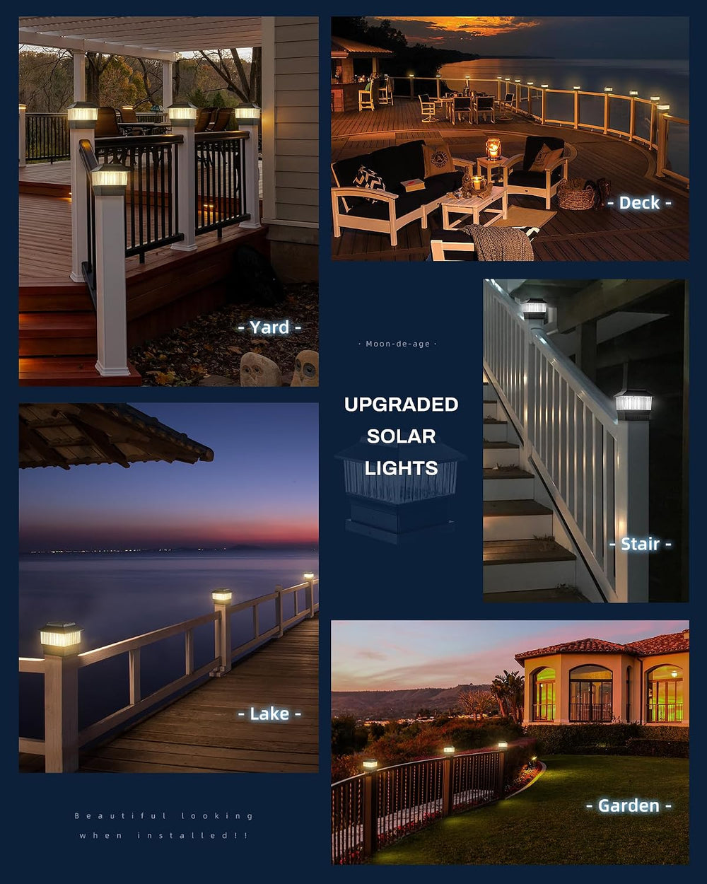 3.5x3.5 Solar Post Cap Lights, 3 Modes, Black, 6 Pack