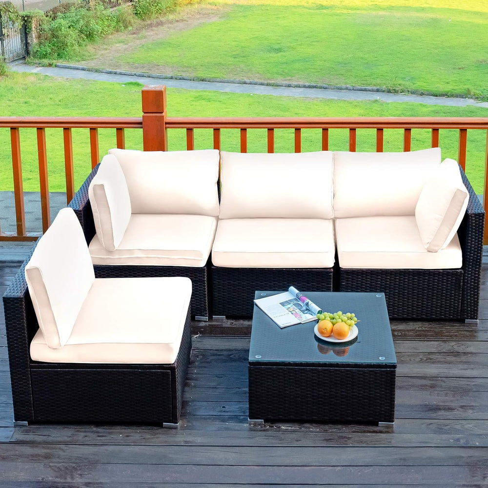 Tangkula 5 Pieces Patio Furniture Set, All Weather Wicker L-Shaped Corner Sof...
