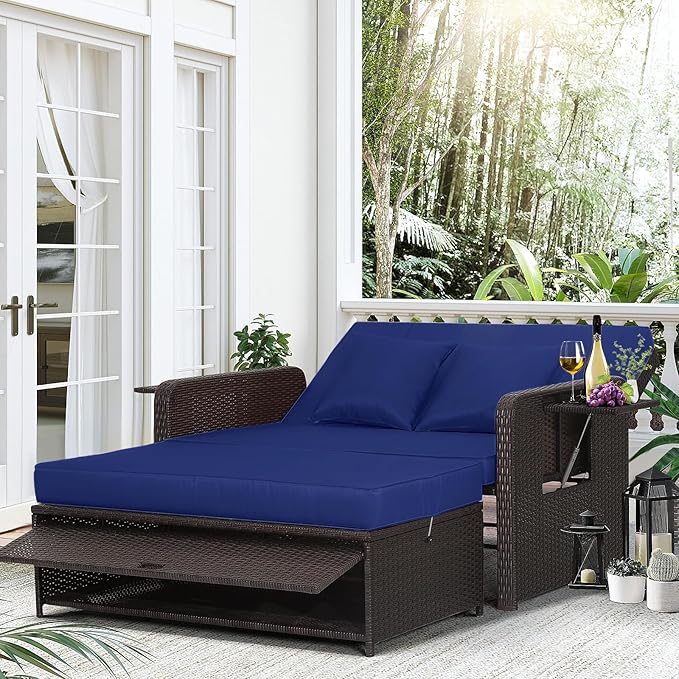 LDAILY Moccha Outdoor Daybed, Wicker Loveseat Sofa Set with 4-Postion Adjusta...