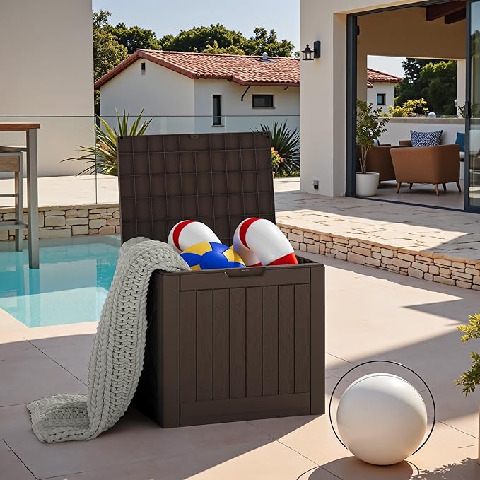 JUMMICO 42 Gallon Deck Box Waterproof, Resin Outdoor Storage Box with Side Ha...