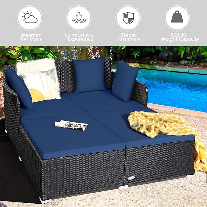 COSTWAY Outdoor Patio Rattan Daybed, Sponge Cushioned Loveseat Sofa with 4 Pi...