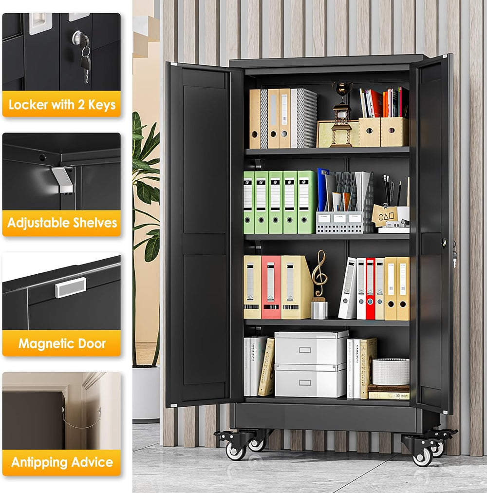 PAOFIN Metal Garage Storage Cabinet with Wheels,Steel File Cabinets with 2 Do...
