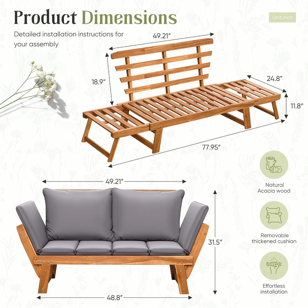 Flamaker Patio Loveseat Acacia Wood Balcony Couch (Grey)