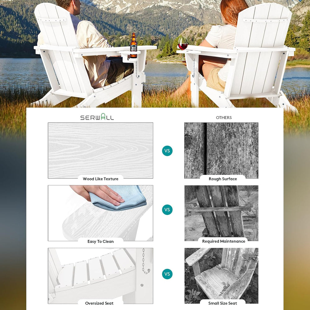 SERWALL Outdoor Adirondack Chair Set of 2 with Cup Holders,Foldable,White