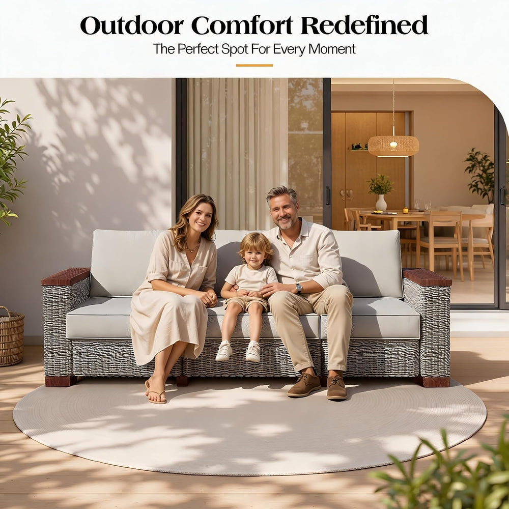 PaPaJet Outdoor Patio Sofa, 3 Seat Wicker Couch with Solid Armrests & Leg...