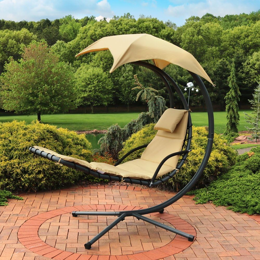 Sunnydaze Floating Chaise Lounger Swing Chair with Umbrella Canopy - Curved S...