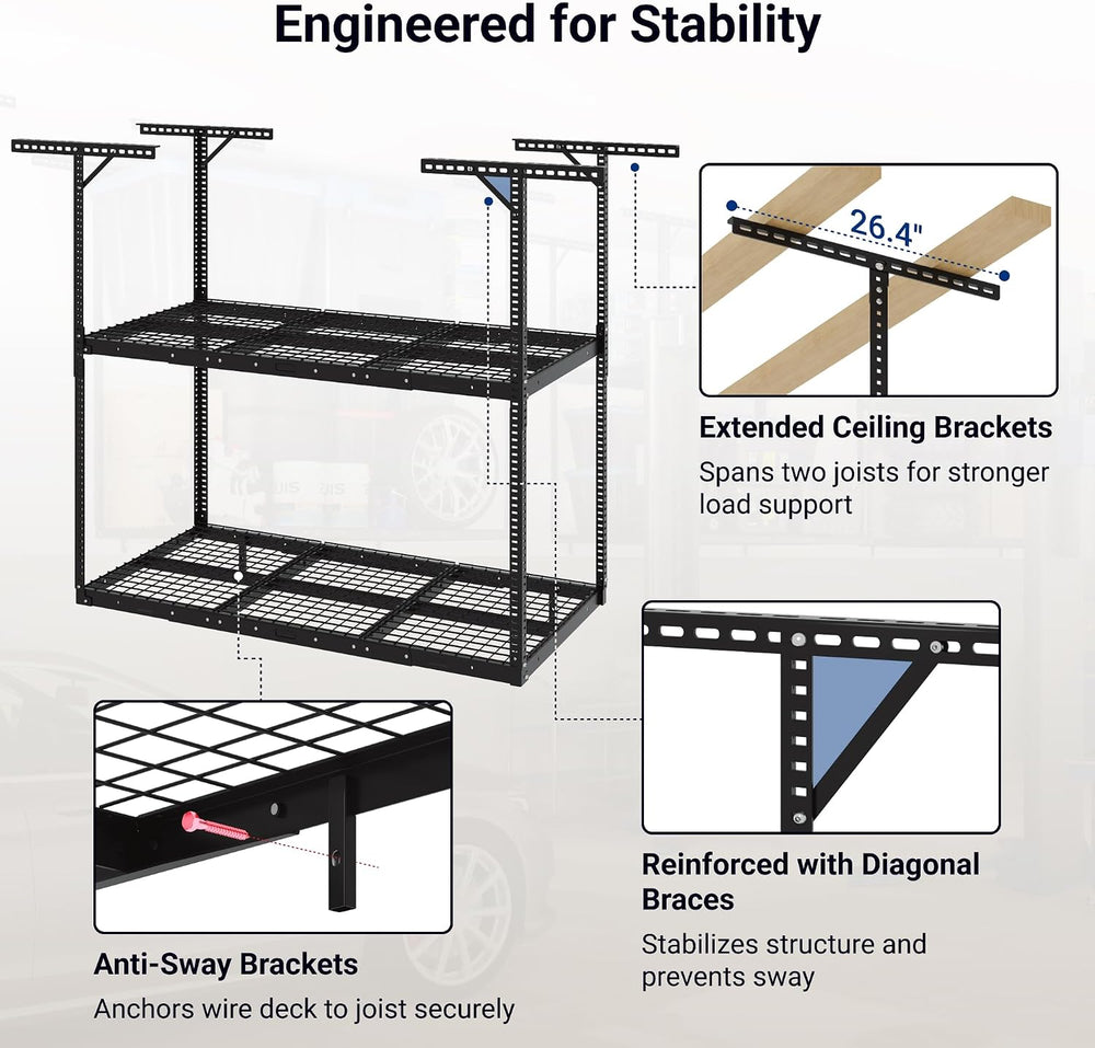 FLEXIMOUNTS 3x6 2-Tier Overhead Ceiling Garage Storage Rack, Black