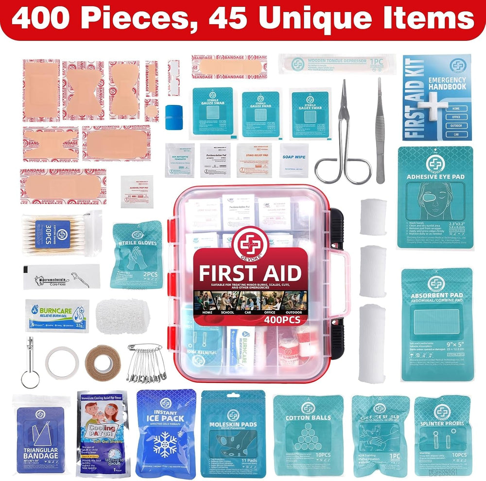 400 Piece First Aid Kit, Organized Dual-Layer Wall-Mountable Hard Case