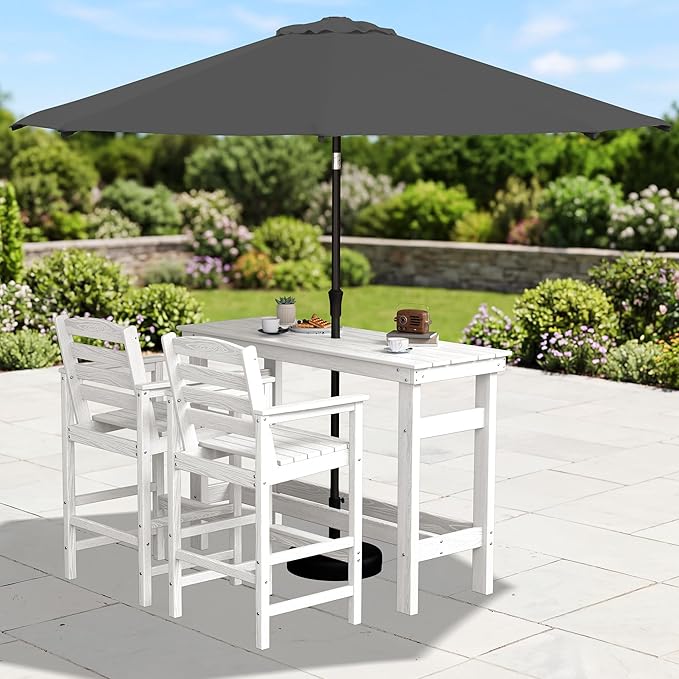 SERWALL Outdoor Bar Set with 9ft Umbrella, All-Weather HDPE Patio Bar Chairs ...