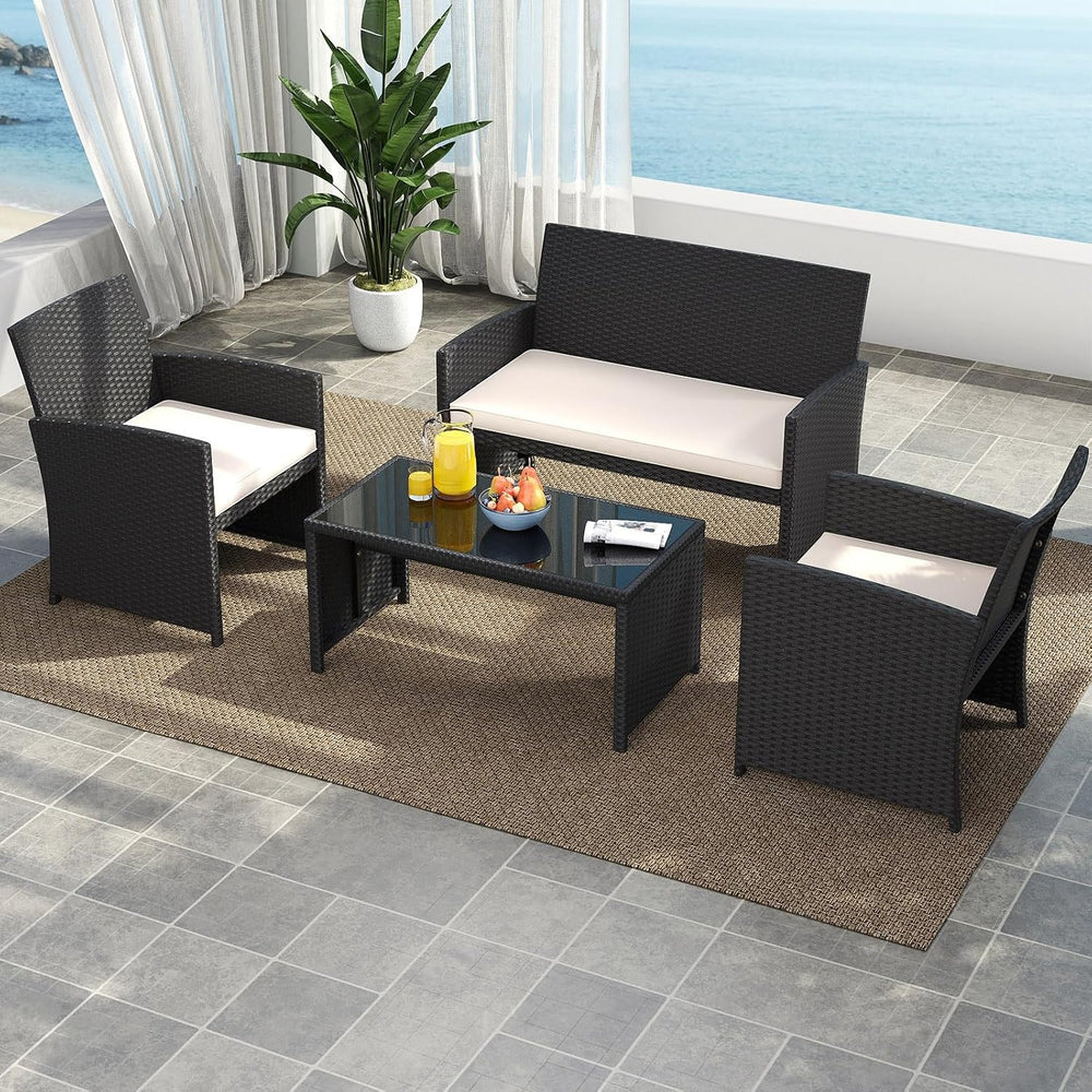 Tangkula 4 Pieces Patio Wicker Furniture Set, Outdoor Heavy Duty Rattan Cushi...