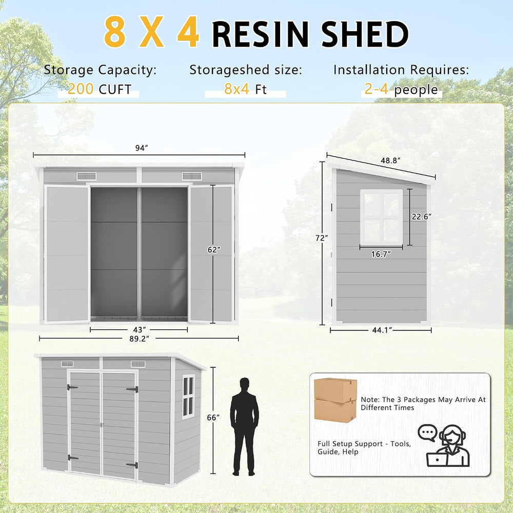 PIPLEO 8x4 FT Resin Outdoor Storage Shed with Floor