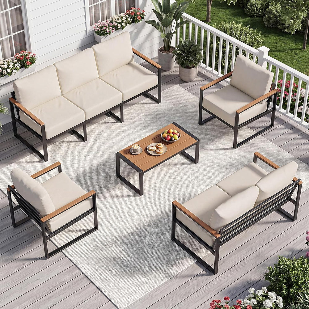 Aoxun 7 Seats Metal Patio Furniture Set with Coffee Table Cream