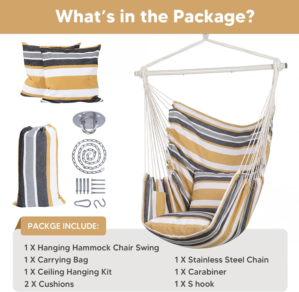 Hammock Chair Swing with Steel Support Bar, Coffee Stripes