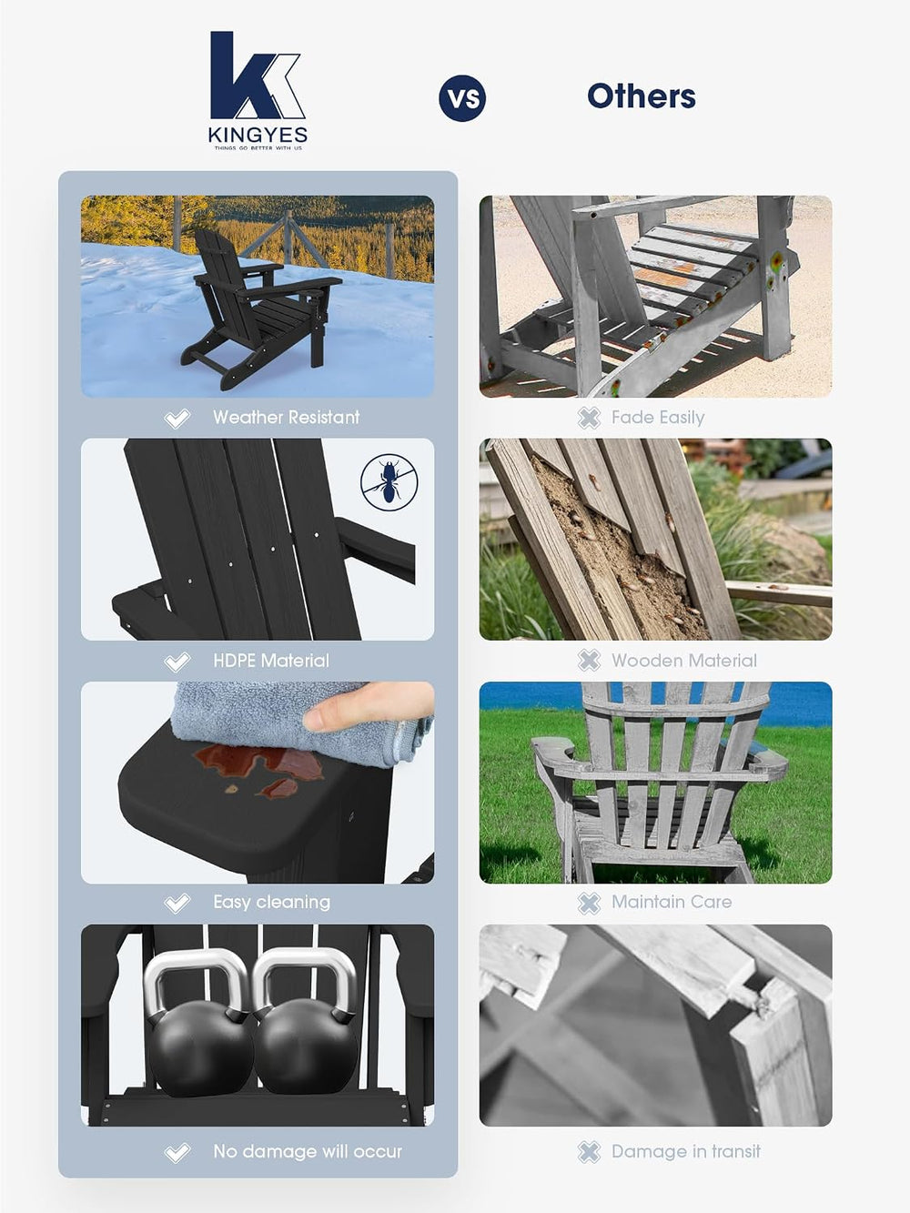 KINGYES Folding Adirondack Chair Set of 6 with 2 Cup Holders, Black
