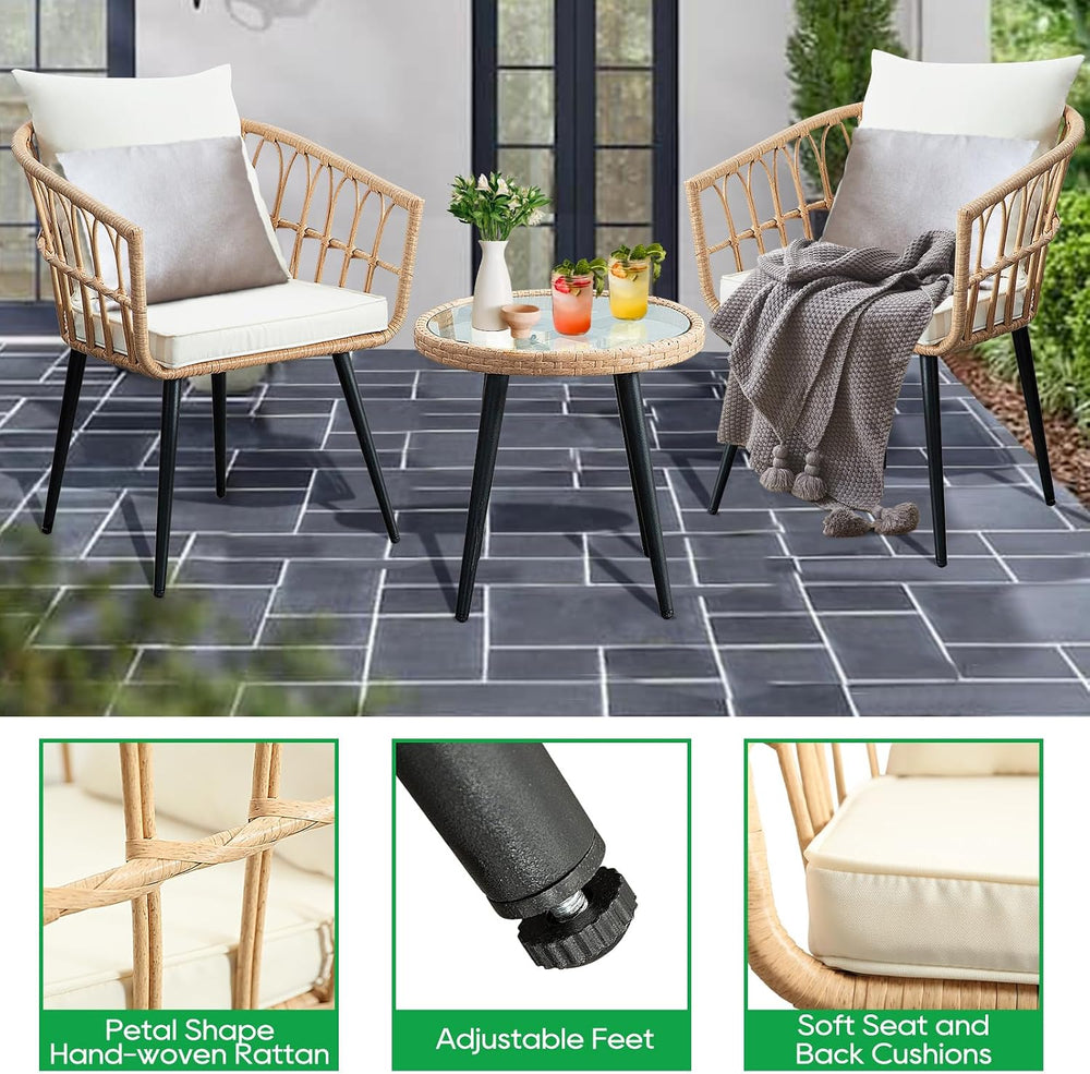 PORWEY 3 Piece Patio Bistro Set, Outdoor Wicker Balcony Furniture Sets