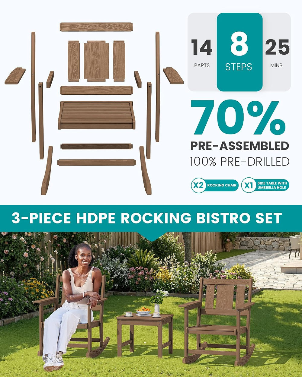 SERWALL 3-Piece Patio Furniture Set with 2 Rocking Chairs & Table, Brown