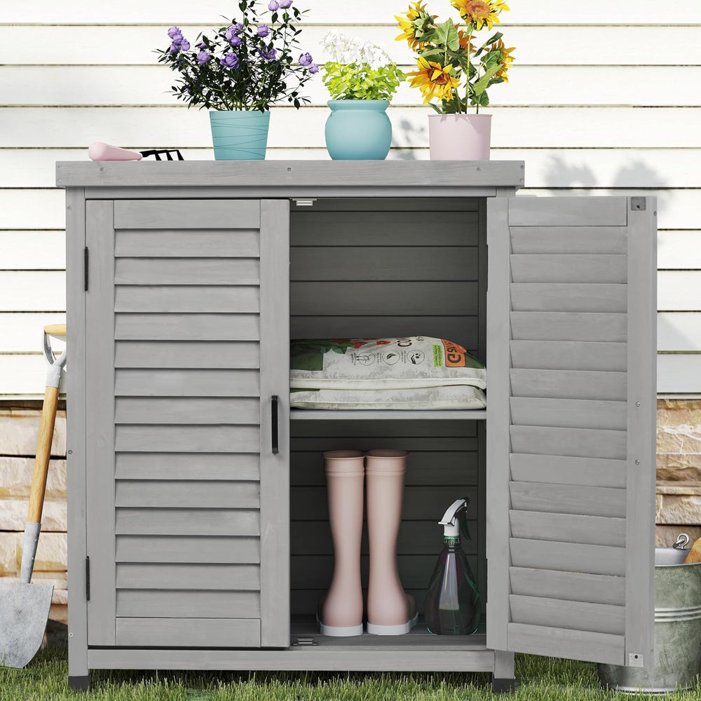 Outdoor Storage Cabinet & Potting Bench Table with Metal Top, Wooden Pati...