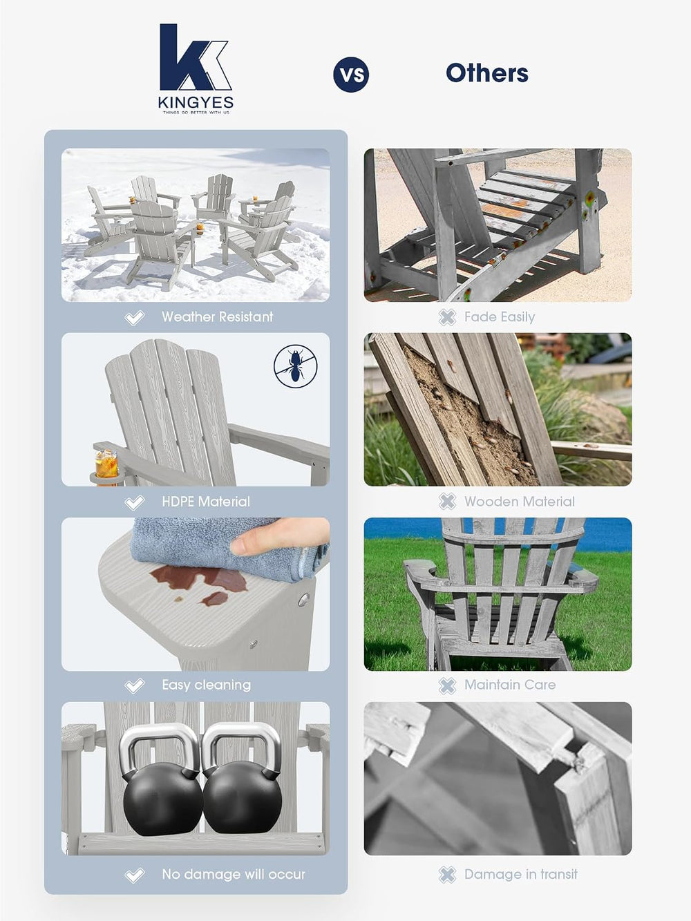 KINGYES Folding Adirondack Chair Set of 2 with Cup Holder, Silver Grey