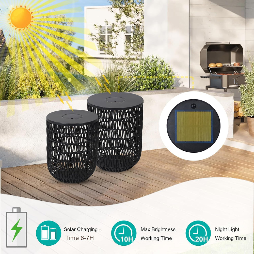 HMVPL Solar Black Outdoor Side Table Set of 2 with Dimmable Light, Round Pati...