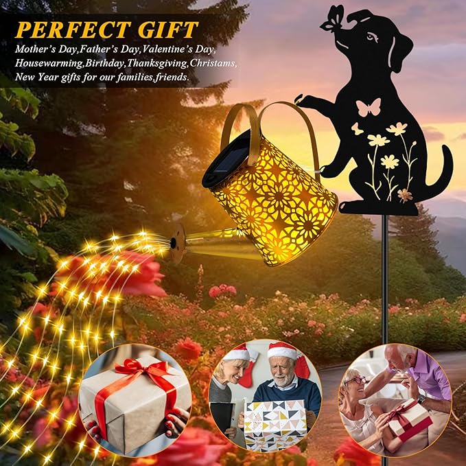Solar Lights Outdoor Decorative, Watering Can with Cascading Lights, with Dog...