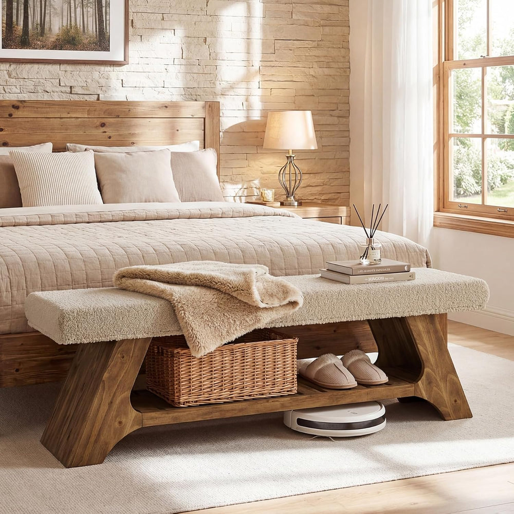 Tribesigns 55" Solid Wood Bench with Cushion, Upholstered Entryway Bench