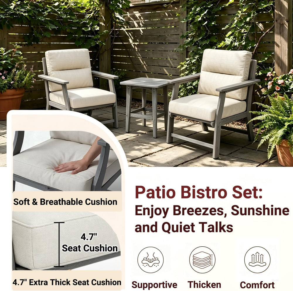 3 Piece Patio Bistro Set, Outdoor Table Chairs with Cushion, Grey