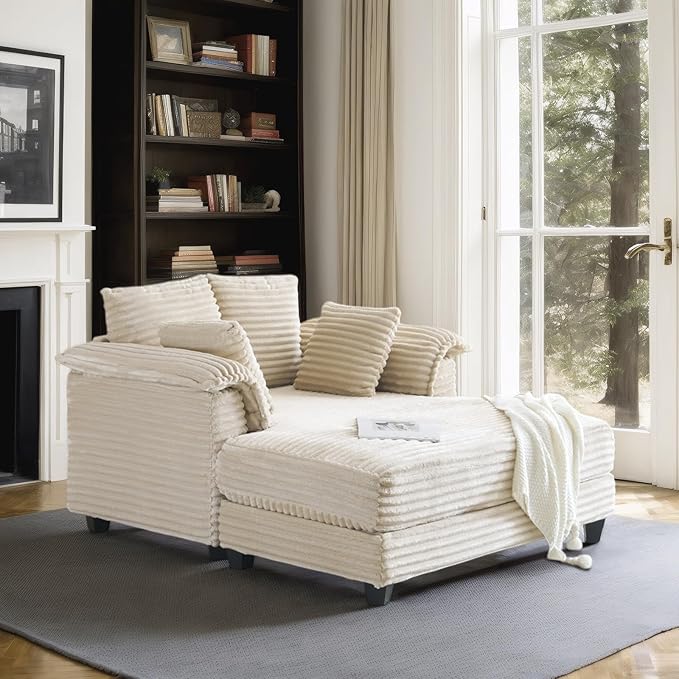 VINGLI 56" Oversized Chaise Lounge Chair, Beige Comfy Corduroy Chaise So...