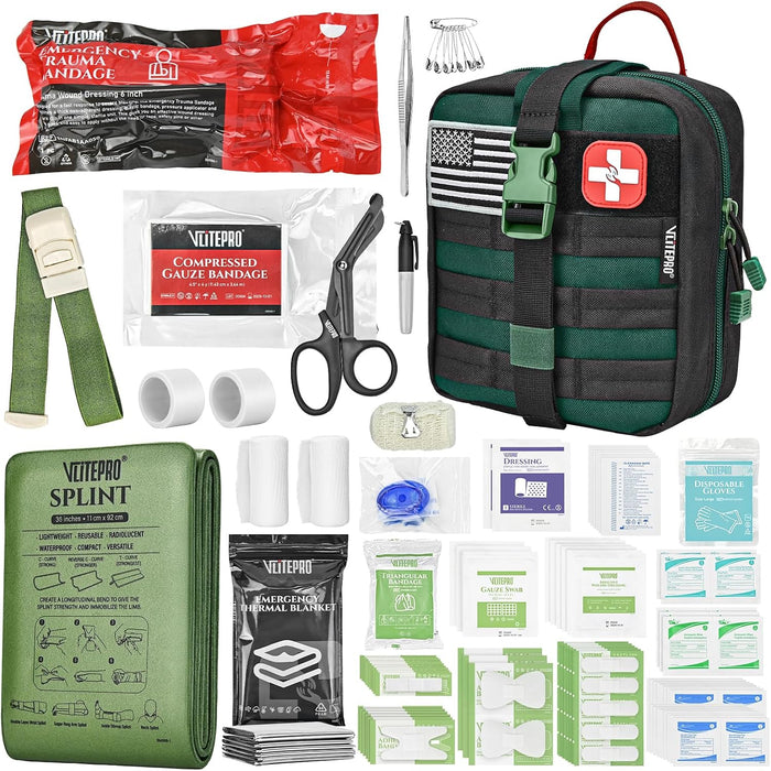 Survival First Aid Kit - IFAK Trauma Kit with Trauma Bandage, Splint, Tourniquet, Wound Care, Bleeding Control - Tactical Molle Pouch for Combat, Camping, Home, Hiking,Travel- Green