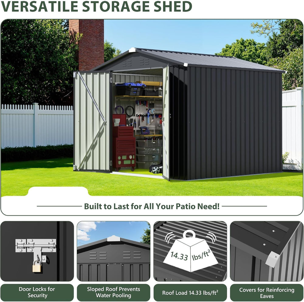 JUMMICO 8x8 FT Outdoor Storage Shed, Tool Metal Sheds, Black