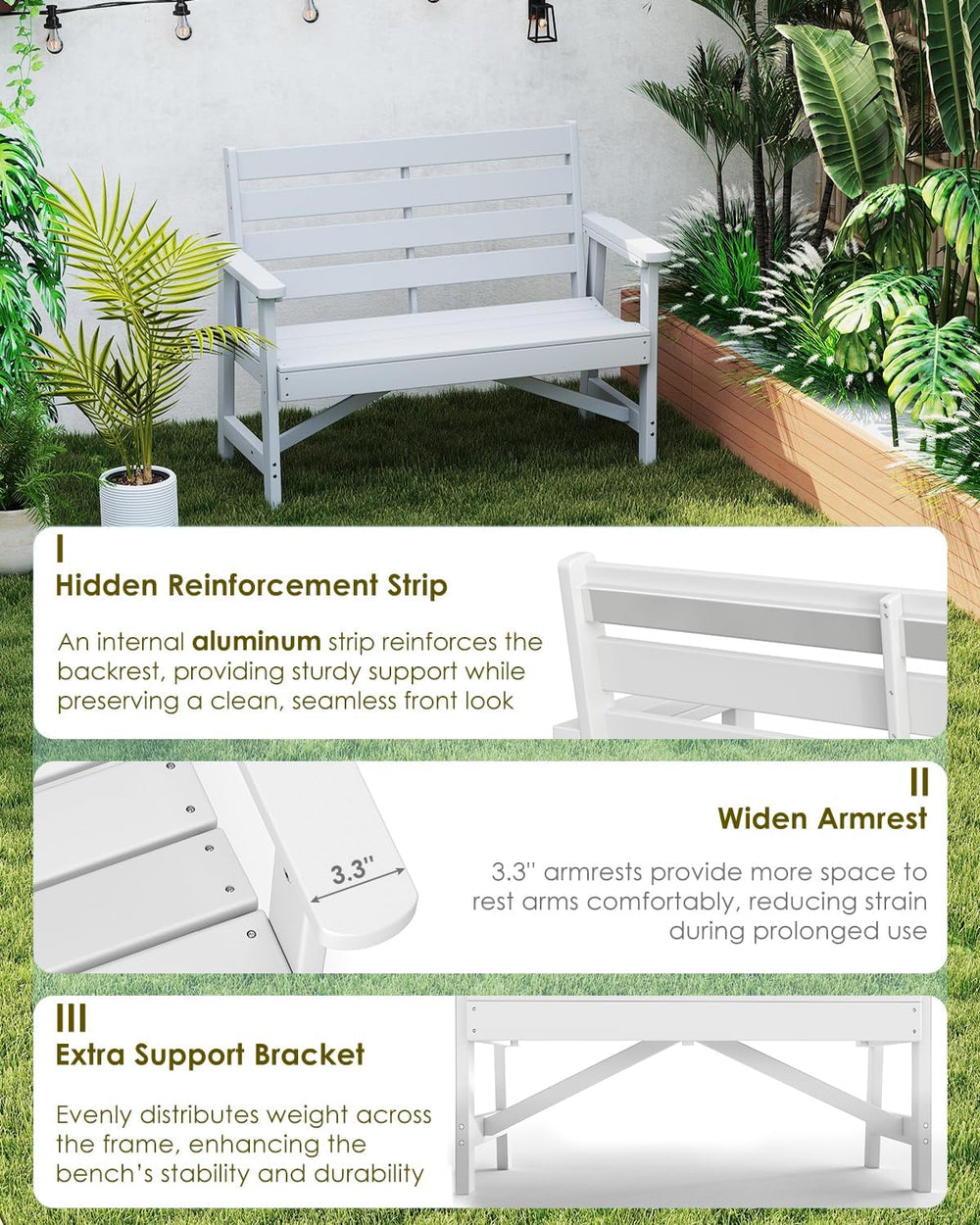 GREENVINES Outdoor Bench, 2-Person HDPE Garden Benches, White
