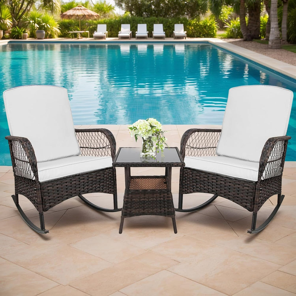 CHABATREE 3 pcs Rocking Bistro Set Conversation Chairs PE Wicker Outdoor Rock...