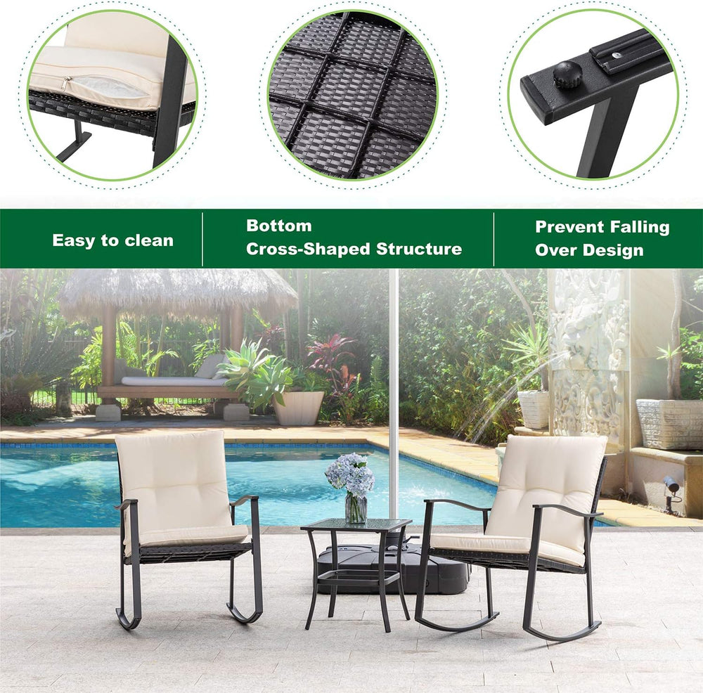 Shintenchi Outdoor 3-Piece Rocking Bistro Set,Wicker Patio Furniture Porch Ch...