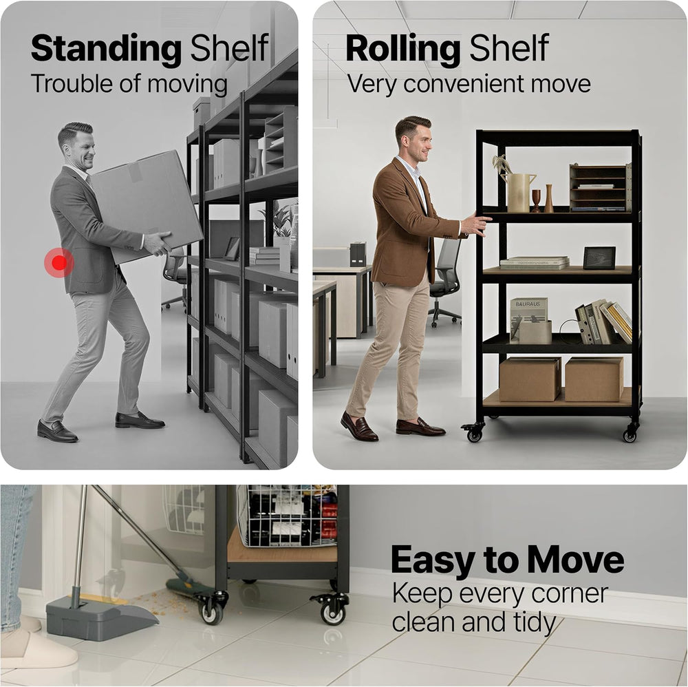 HOMEDANT House Black 24.4" W 5 Tier Rolling Storage Shelves Metal Cart