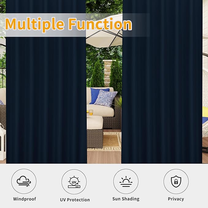Easy-Going Outdoor Patio Curtains Detachable Tab Top Windproof Weatherproof C...