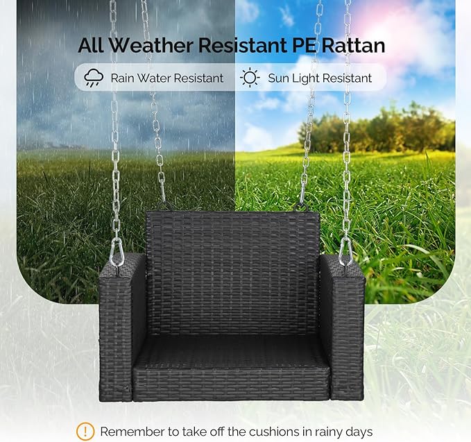VINGLI 2.2 FT 1-Person Use Rattan Porch Swing Outdoor Support 440 LBS with Cu...