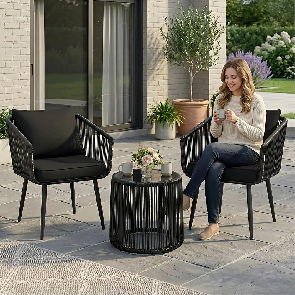 Kromax 3-Piece Patio Rattan Bistro Conversation Set, Black