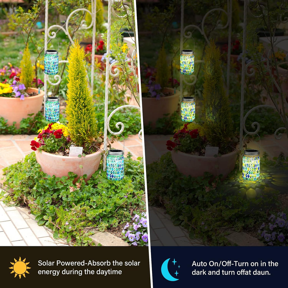 3 Pieces Solar Powered Mosaic Lights, Outdoor Hanging Solar Lantern Lamp Wate...