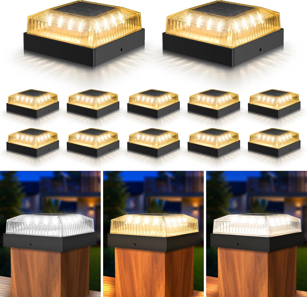 Solar Post Cap Lights for 4x4 Wood/Vinyl Fence Posts, 12-Pack