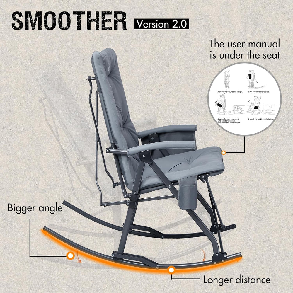 Portal Oversized Padded Folding Rocking Camping Chair Outdoor 400 LBS Gray
