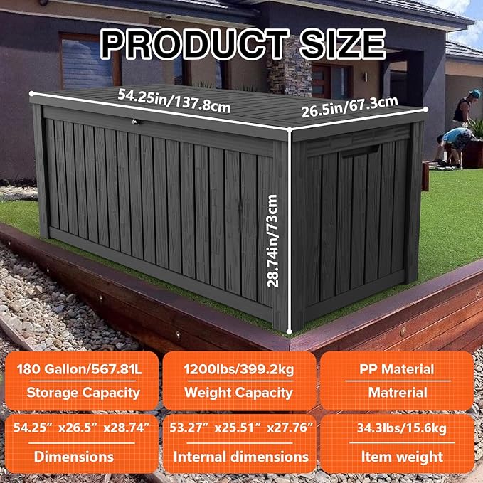 TARKARI 180 Gallon Lockable Resin Deck Box, Waterproof & UV-Resistant Out...