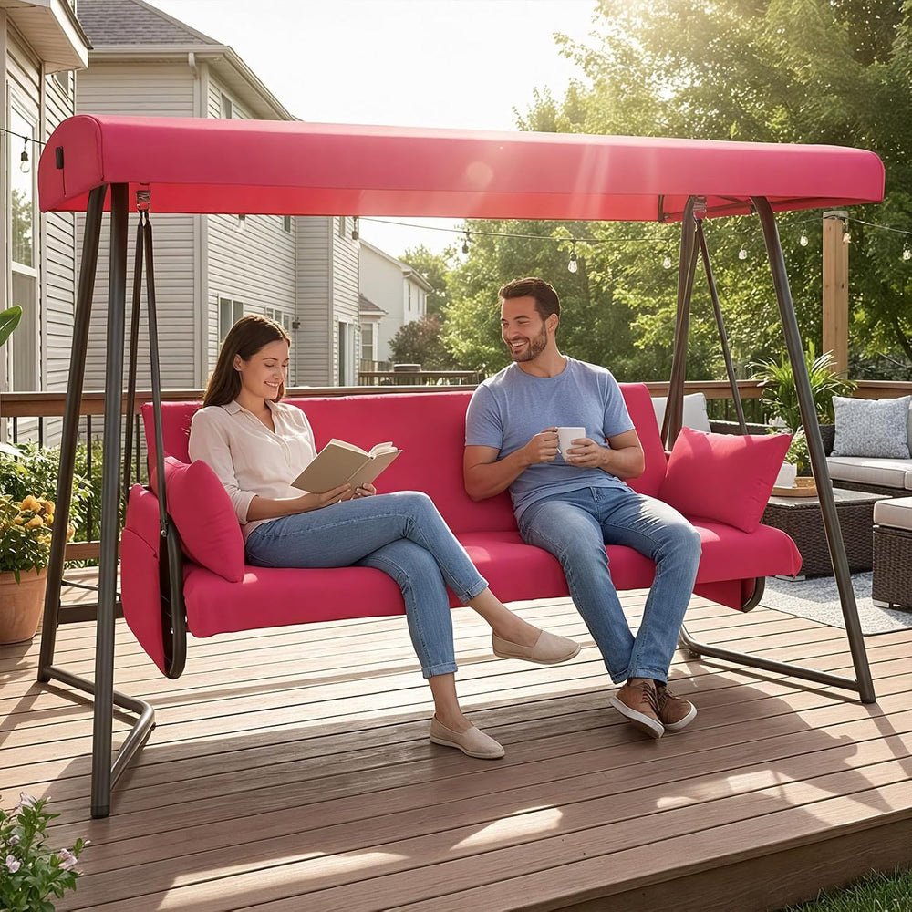 3-4 Seat Outdoor Porch Swing with Adjustable Canopy Patio Swing Bed with Stan...