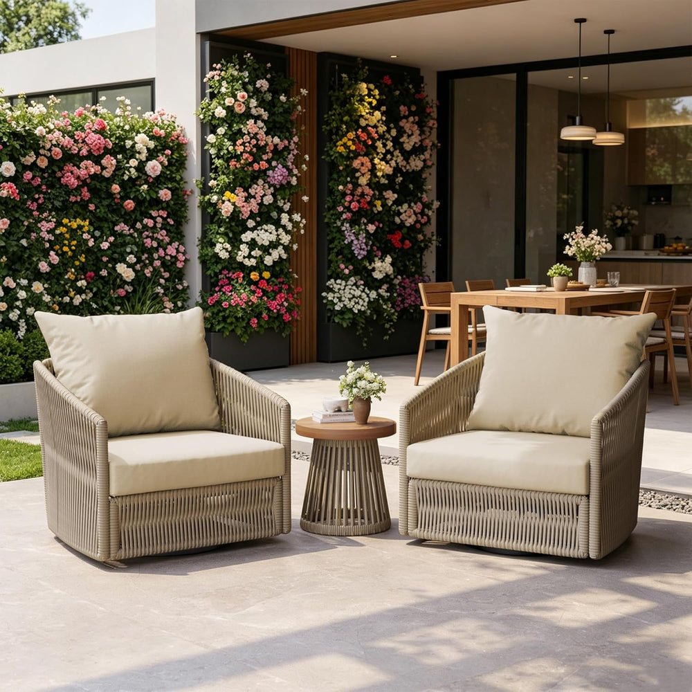 3 Pieces Outdoor Swivel Chairs Wicker Patio Bistro Set with Coffee Table