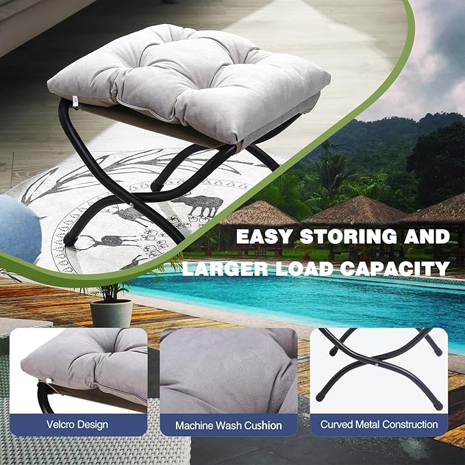 15" Foldable Foot Stool Ottoman with Metal Frame - Washable Light Grey U...