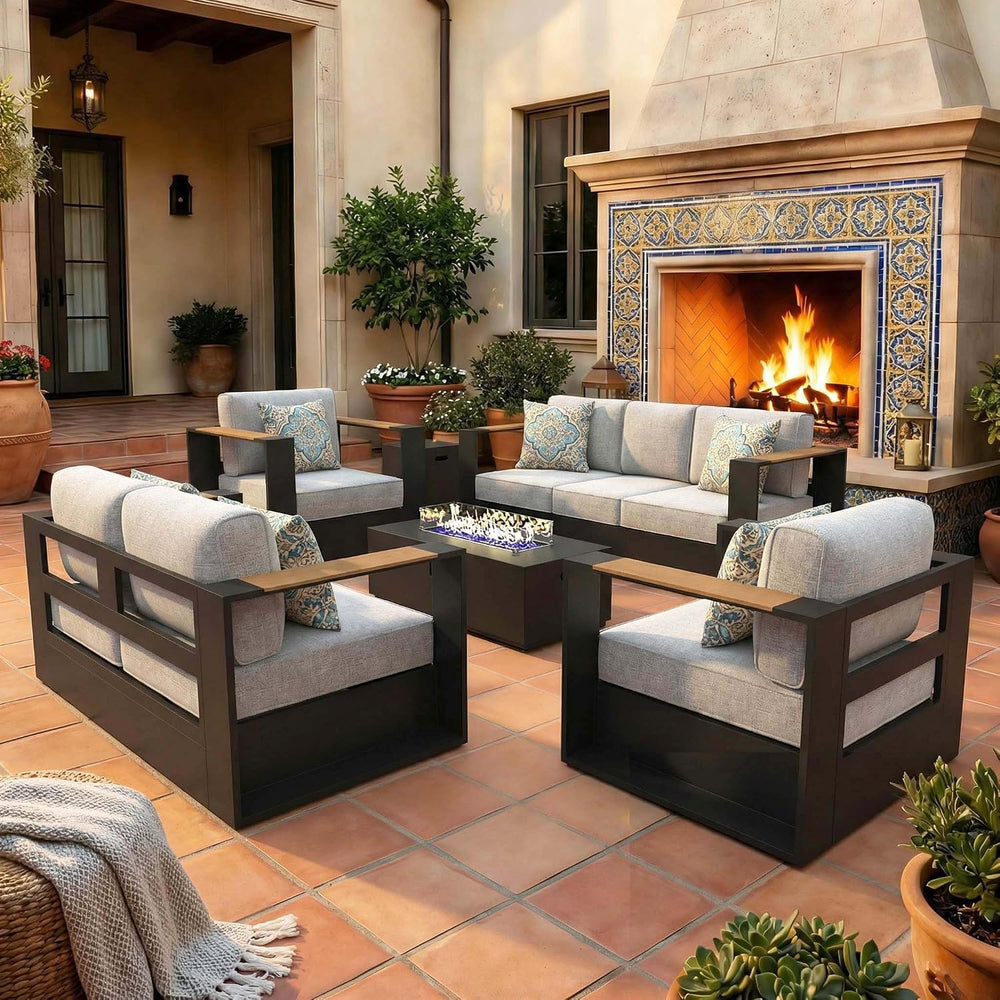 LayinSun 5 Pieces Aluminum Patio Furniture Set with Fire Pit Table