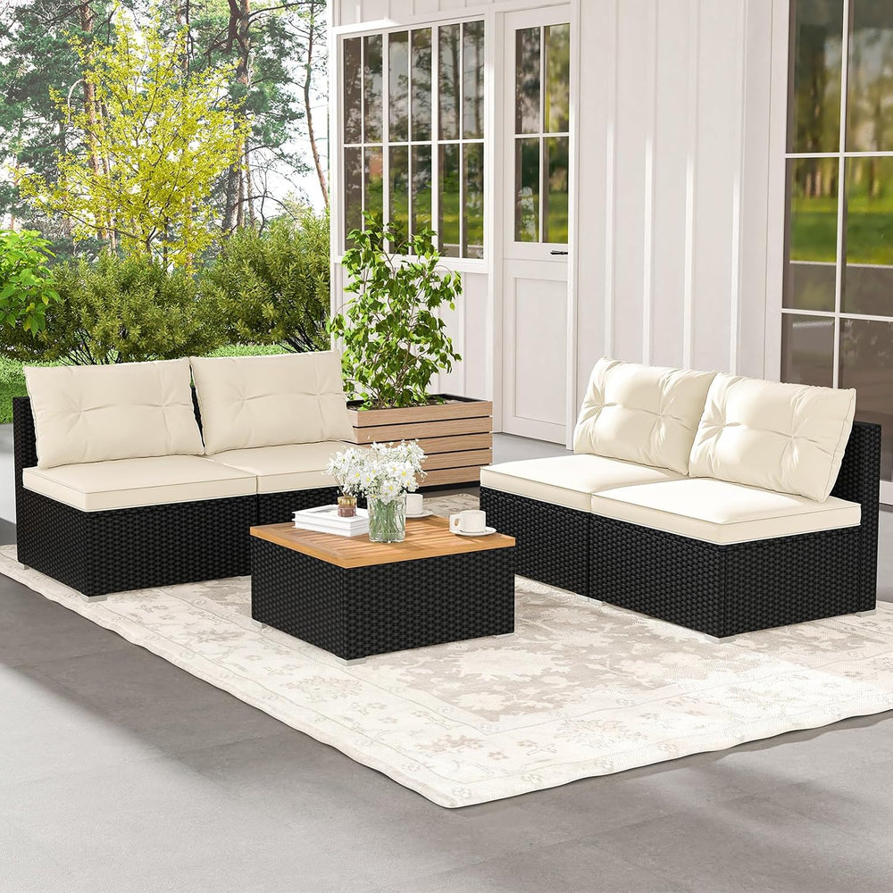 RELAX4LIFE 5-Piece Wicker Outdoor Furniture - PE Rattan Sectional Conversatio...