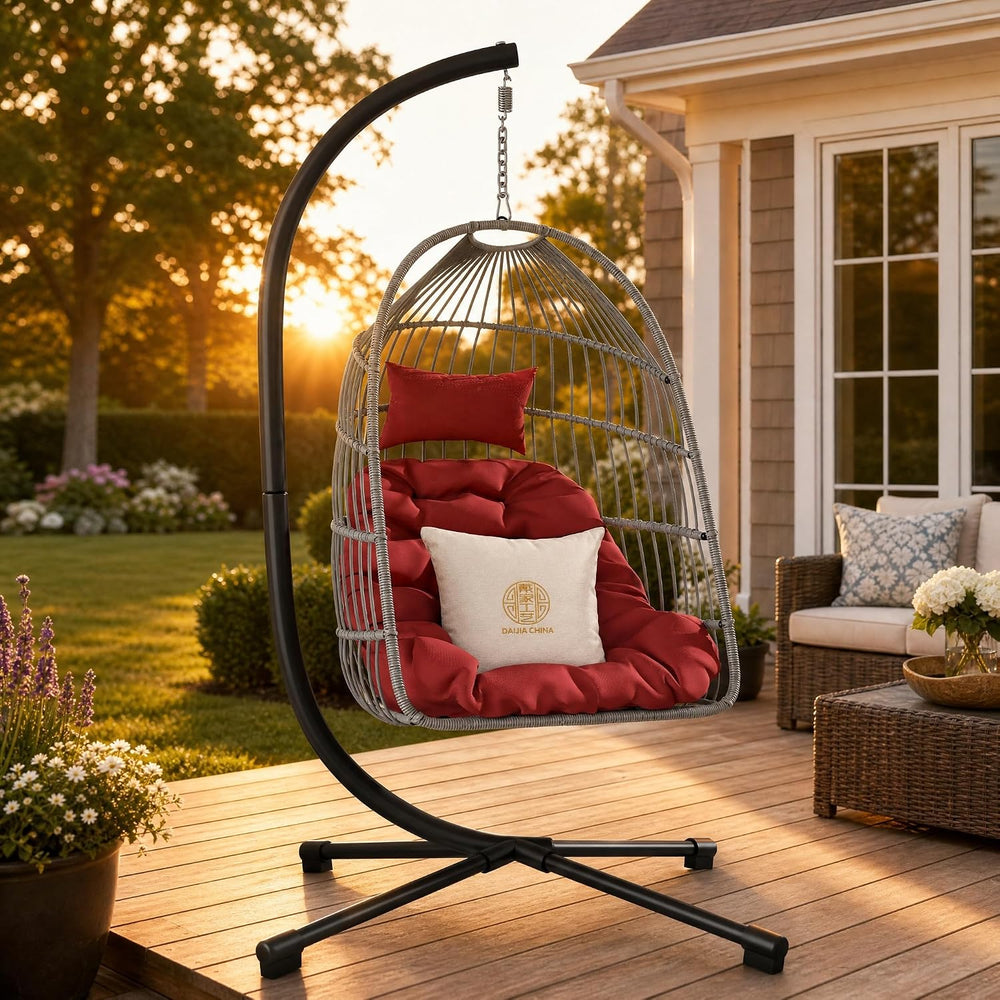 Foldable Hanging Egg Chair with Stand, HDPE Rattan and Heavy Duty Aluminum-St...
